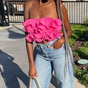 Pink fluffy crop top, pink dressy, Pink Ruffle Crop Top, Zara Pink Dress Top